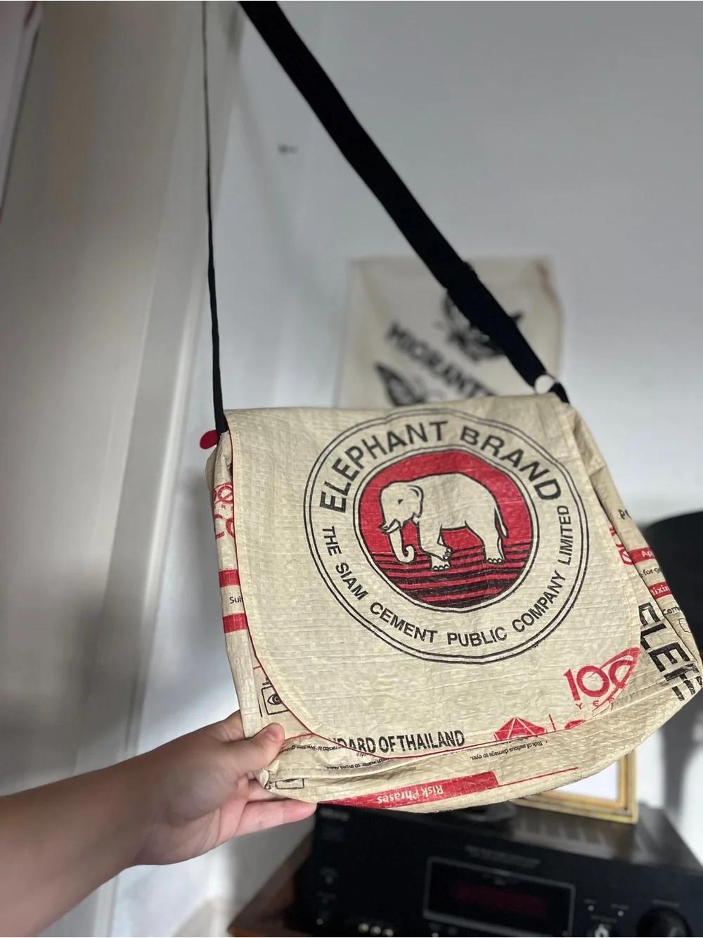 Upcycled Elephant Brand Cement Messenger Bag Handmade in Cambodia Malia Designs
